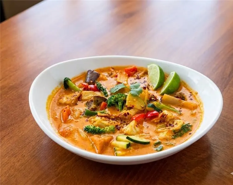 Red curry in coconut milk with bamboo shoots at Takhrai Thai Poway