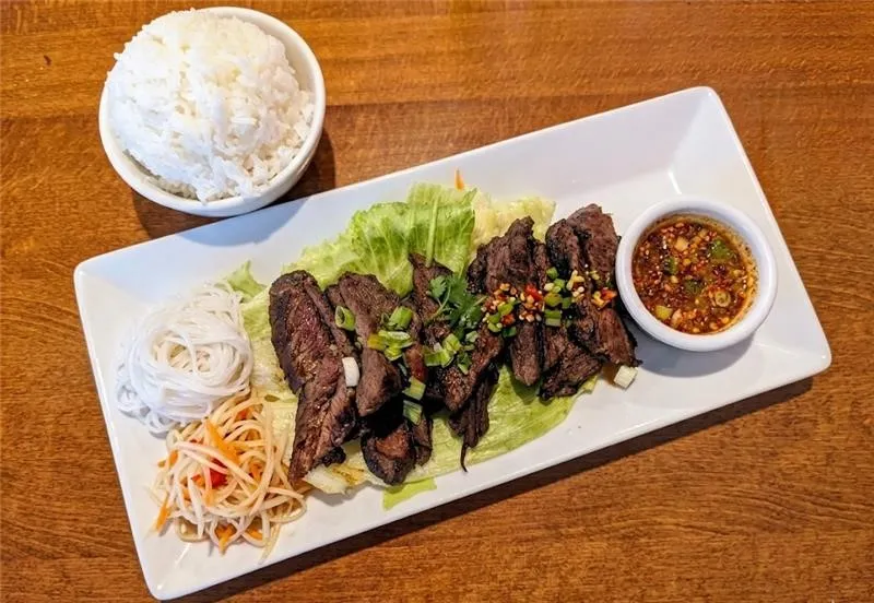Tiger Cry grilled beef with garlic and chili — Takhrai Thai signature dish Poway